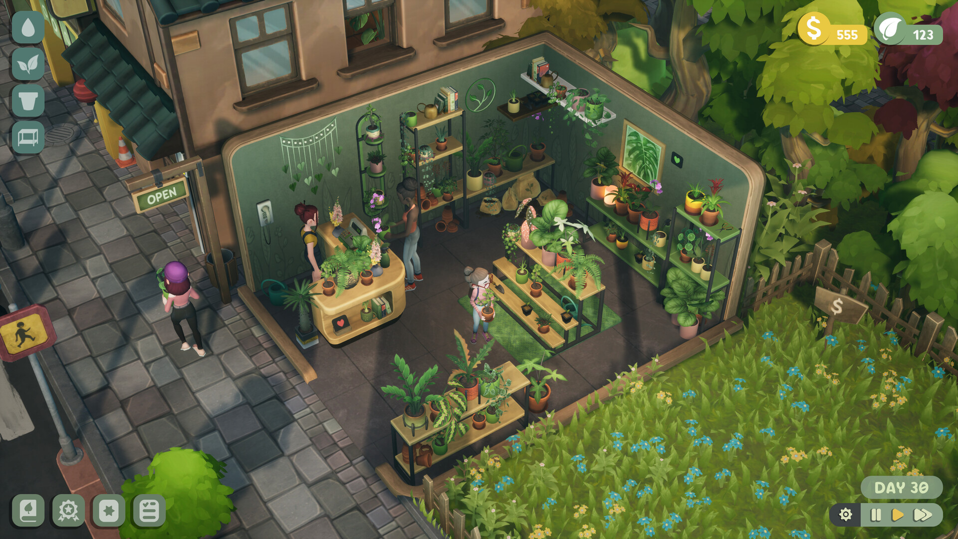 An overhead view of a Leafy Corner shop filled with potted plants while customers browse